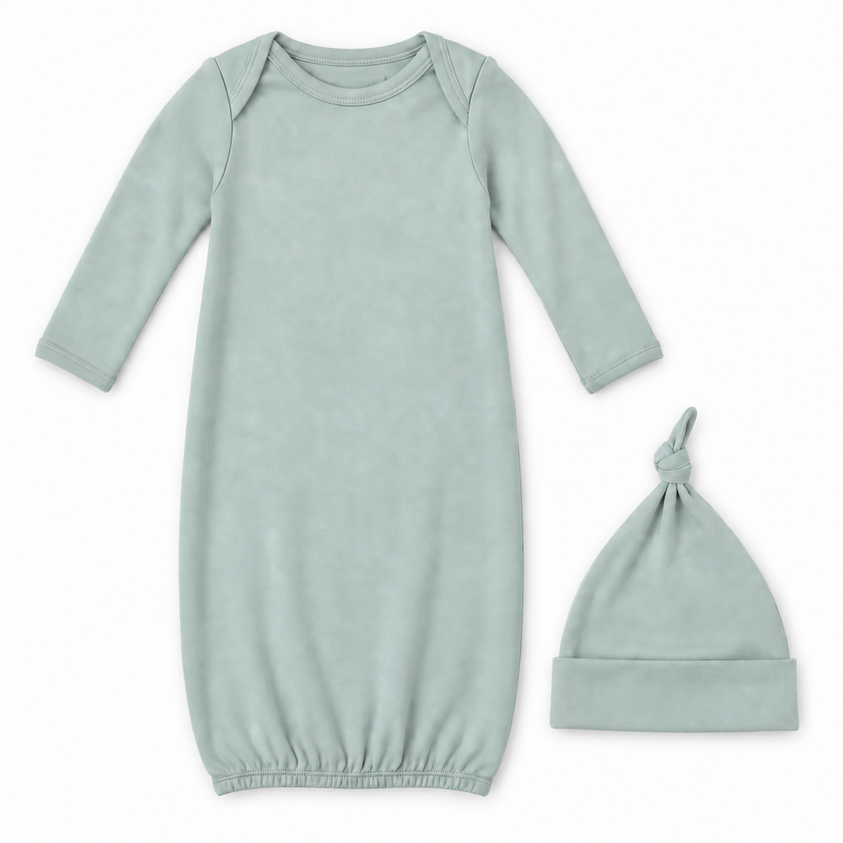 Modern Burlap organic knot hat and gown set in Belgian Block, full front studio view
