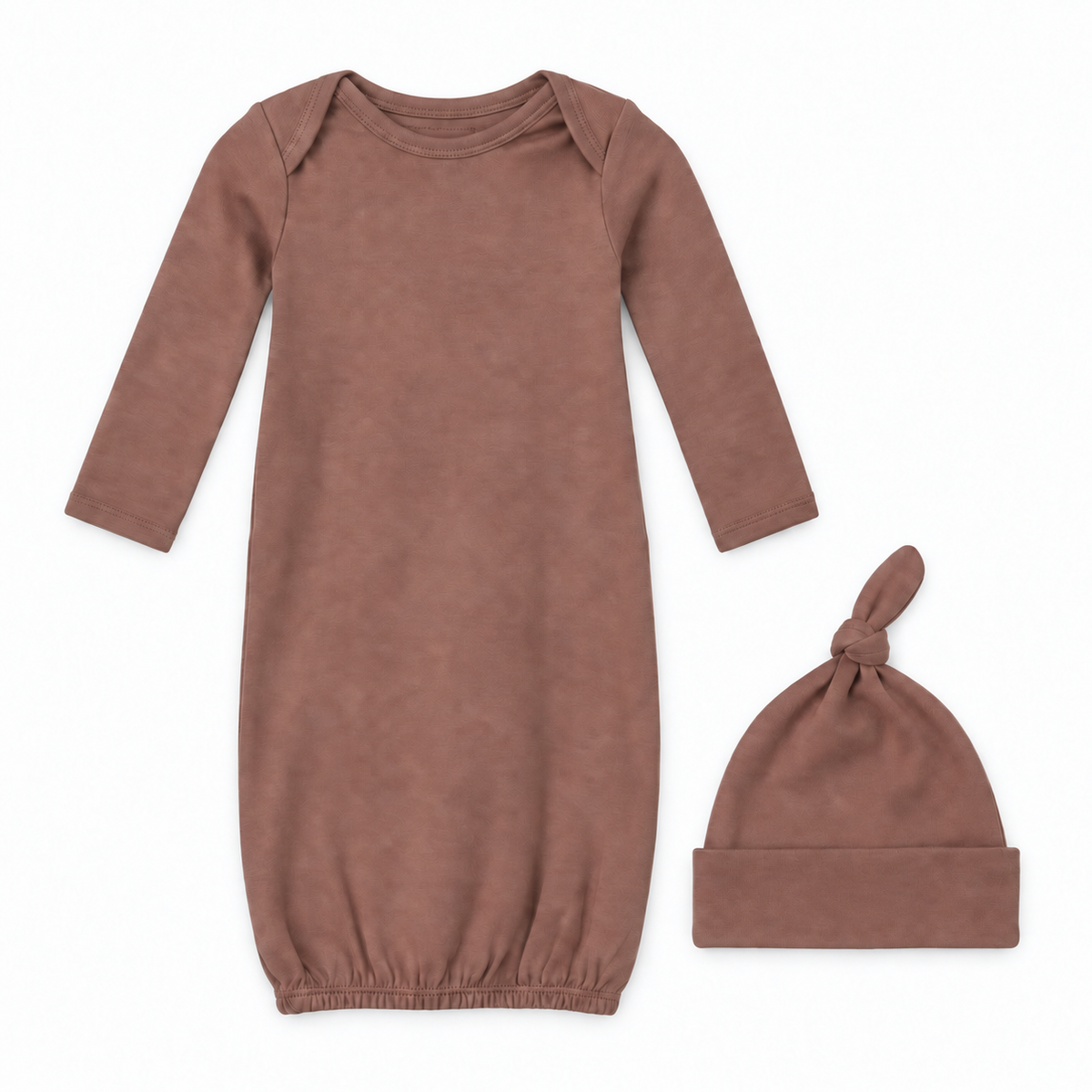 Modern Burlap organic knot hat and gown set in Burlwood, full front studio view