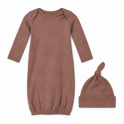 Modern Burlap organic knot hat and gown set in Burlwood, full front studio view