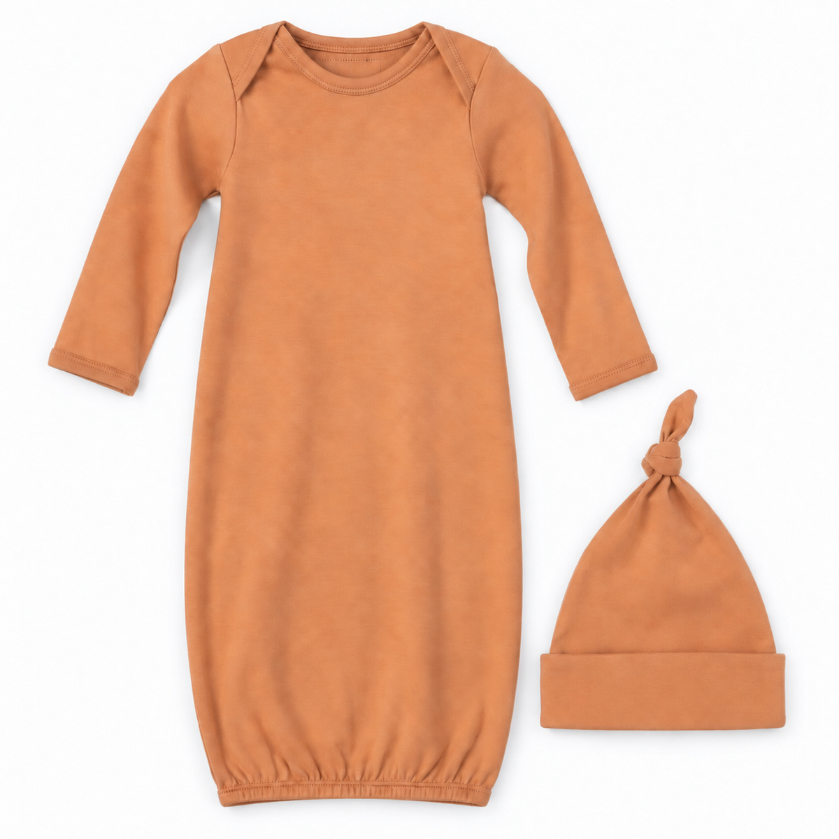 Modern Burlap organic knot hat and gown set in Dusty Coral, full front studio view