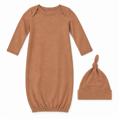 Modern Burlap organic knot hat and gown set in Mocha Mousse, full front studio view
