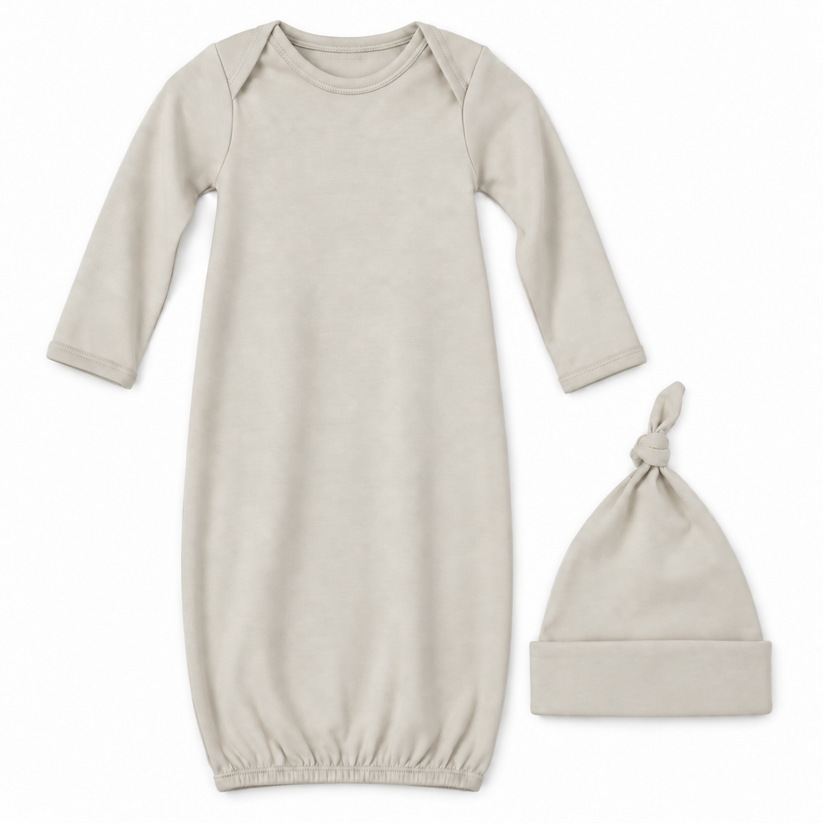Modern Burlap organic knot hat and gown set in Moonbeam, full front studio view