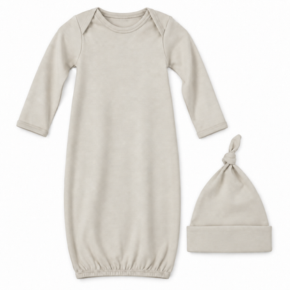 Modern Burlap organic knot hat and gown set in Moonbeam, full front studio view