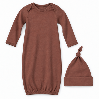 Modern Burlap organic knot hat and gown set in Nutmeg, full front studio view