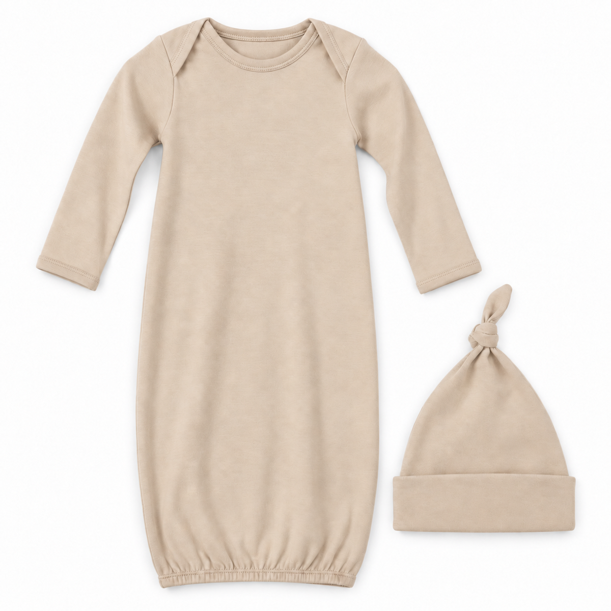 Modern Burlap organic knot hat and gown set in Shifting Sand, full front studio view