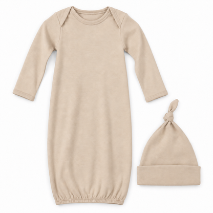 Modern Burlap organic knot hat and gown set in Shifting Sand, full front studio view