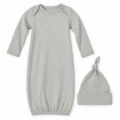 Modern Burlap organic knot hat and gown set in Silver Cloud, full front studio view