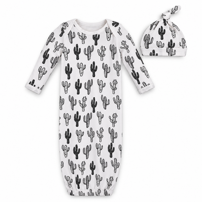 Modern Burlap organic Signature Print gown and knot hat set, White Cactus ©, full front studio view