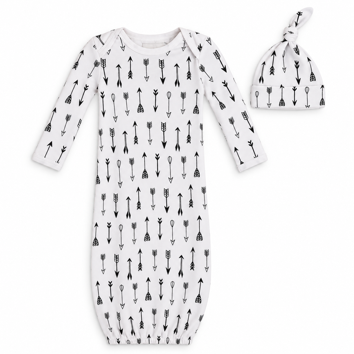 Modern Burlap organic Signature Print gown and knot hat set, White Arrows ©, full front studio view