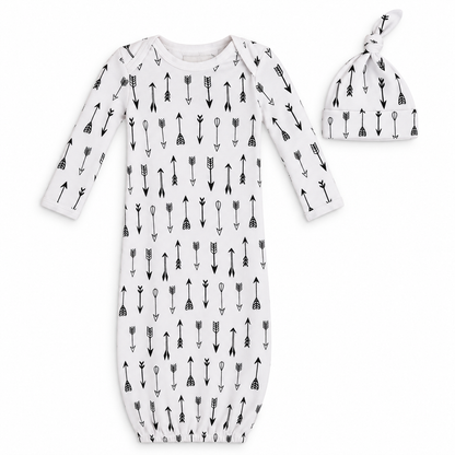 Modern Burlap organic Signature Print gown and knot hat set, White Arrows ©, full front studio view