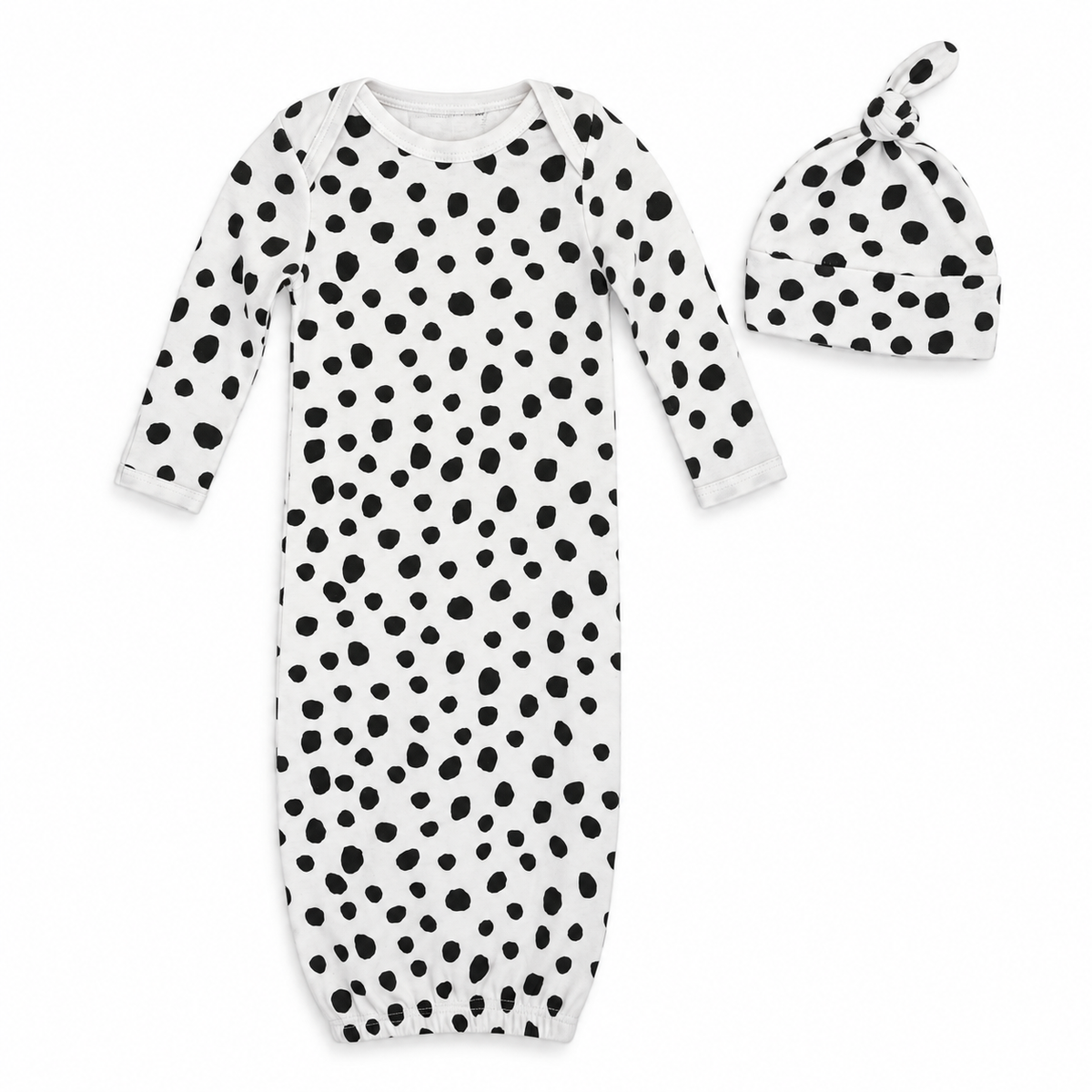 Modern Burlap organic Signature Print gown and knot hat set, White Spots ©, full front studio view