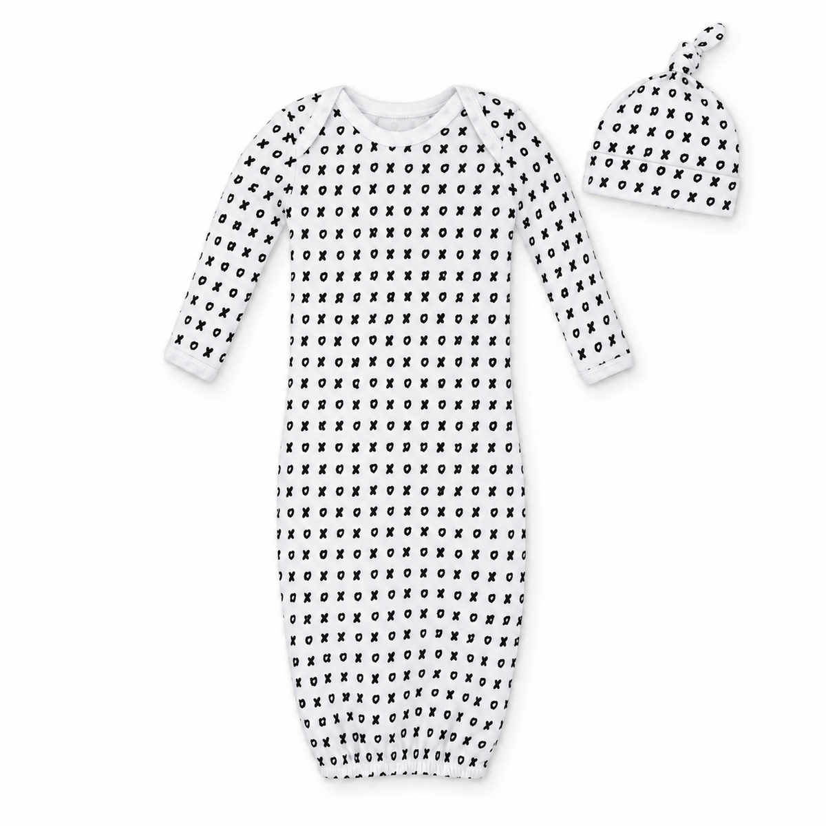 Modern Burlap organic Signature Print gown and knot hat set, White XO, full front studio view