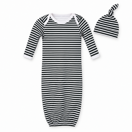 Modern Burlap organic Signature Print gown and knot hat set, White Stripes, full front studio view