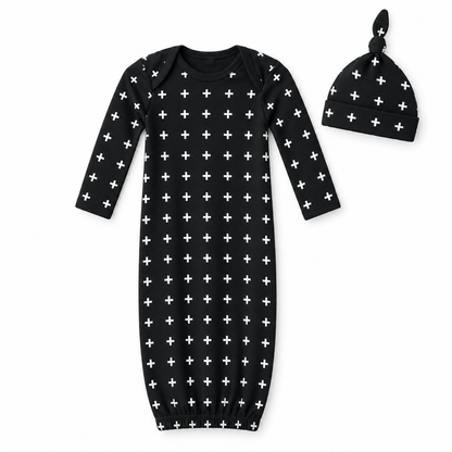 Modern Burlap organic Signature Print gown and knot hat set, Black Swiss Cross, full front studio view