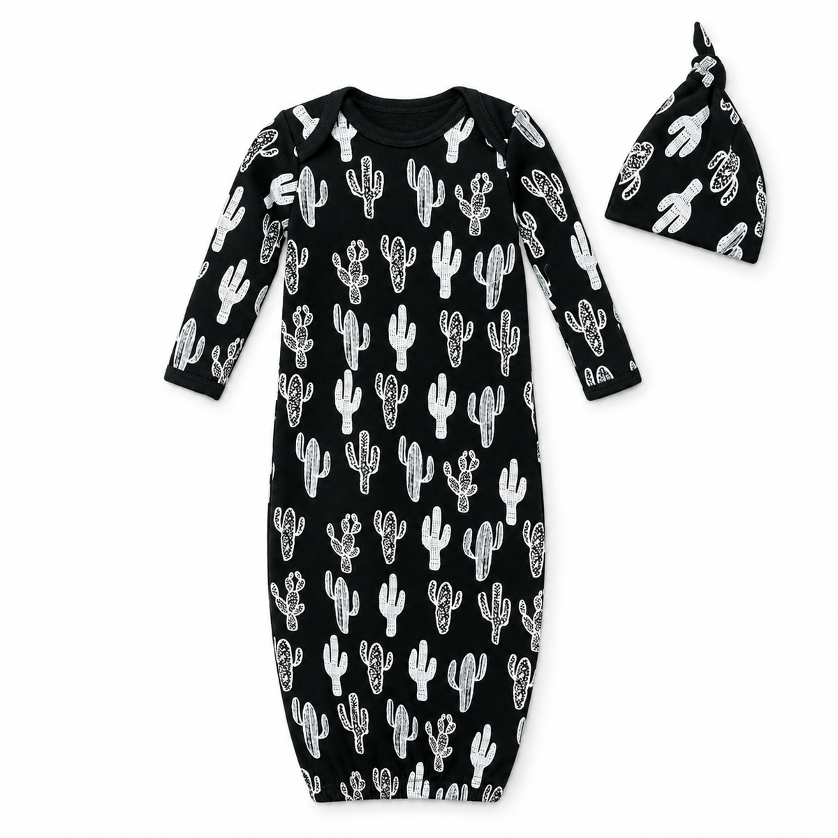 Modern Burlap organic Signature Print gown and knot hat set, Black Cactus ©, full front studio view
