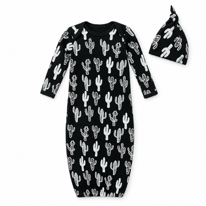 Modern Burlap organic Signature Print gown and knot hat set, Black Cactus ©, full front studio view