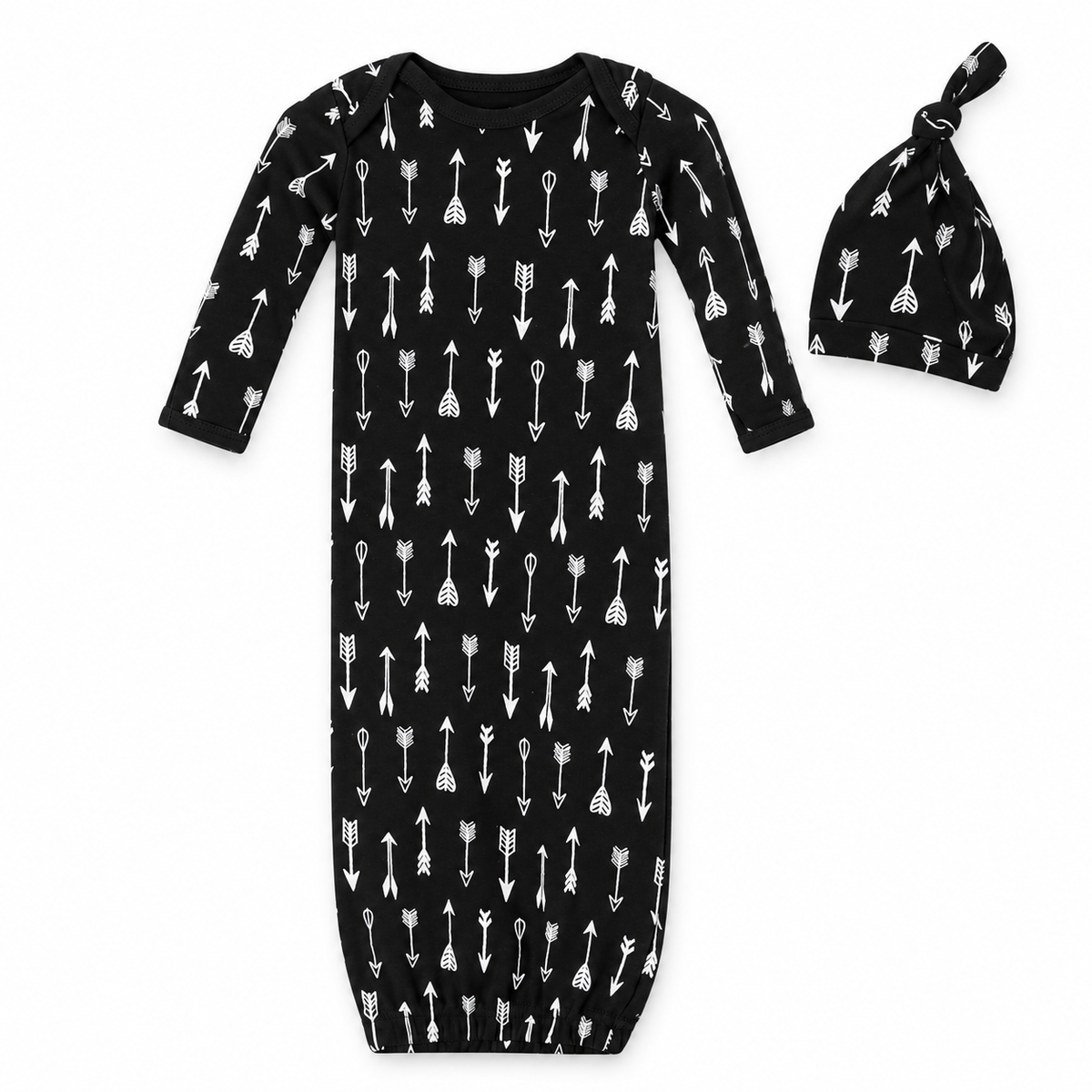 Modern Burlap organic Signature Print gown and knot hat set, Black Arrows ©, full front studio view
