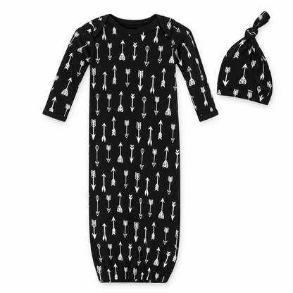 Modern Burlap organic Signature Print gown and knot hat set, Black Arrows ©, full front studio view