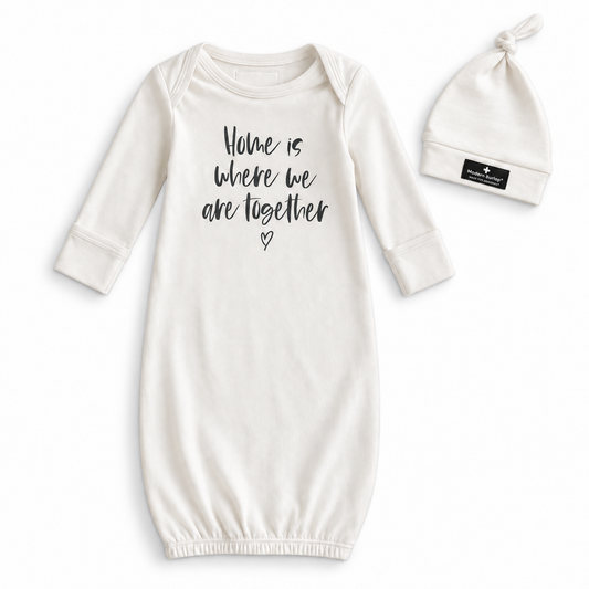 Modern Burlap organic gown and knot hat set, Home is where we are together SCRIPT, full front studio view