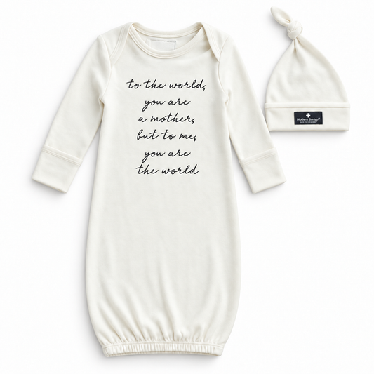 Modern Burlap organic gown and knot hat set, To the world, you are a mother, full front studio view