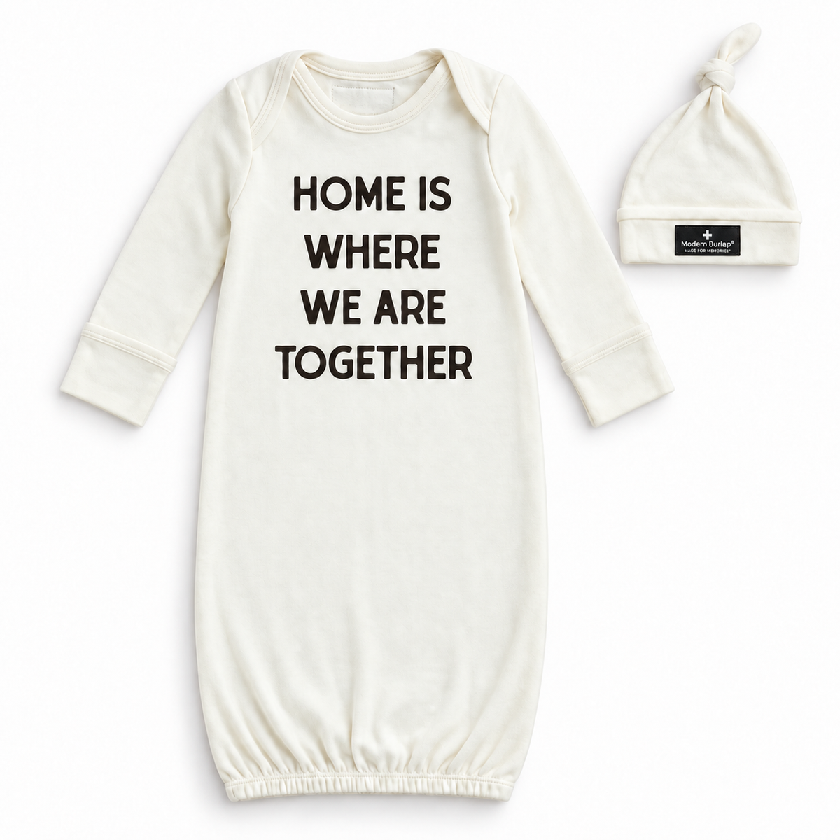 Modern Burlap organic gown and knot hat set, Home is where we are together, full front studio view