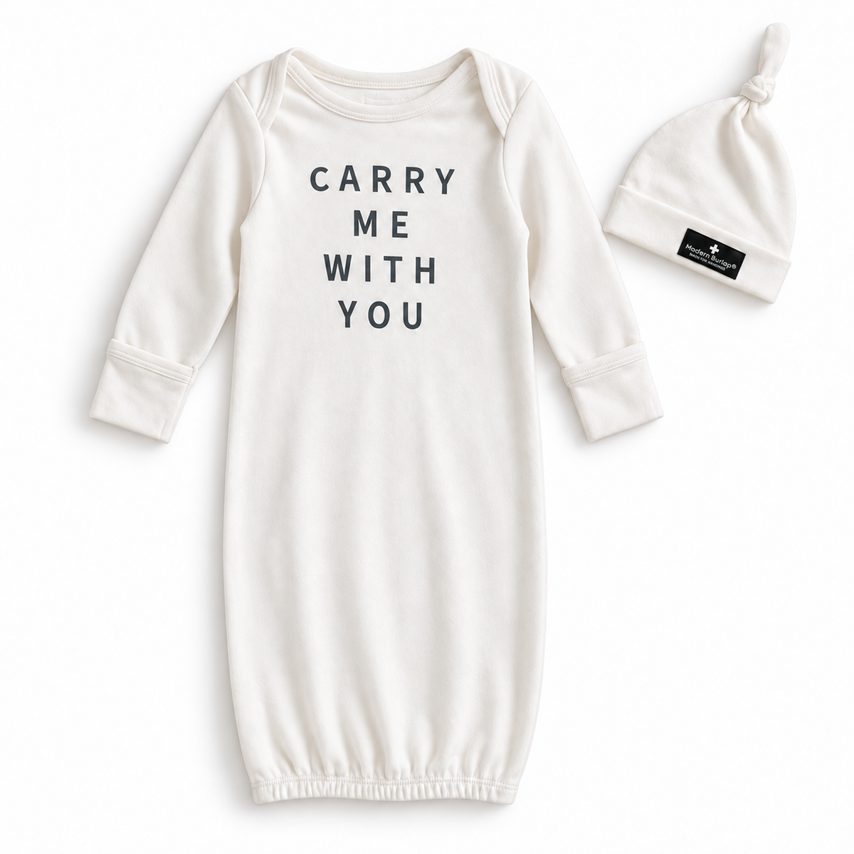 Modern Burlap organic gown and knot hat set, Carry me with you BLOCK, full front studio view