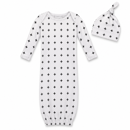 Modern Burlap organic Signature Print gown and knot hat set, White Swiss Cross, full front studio view