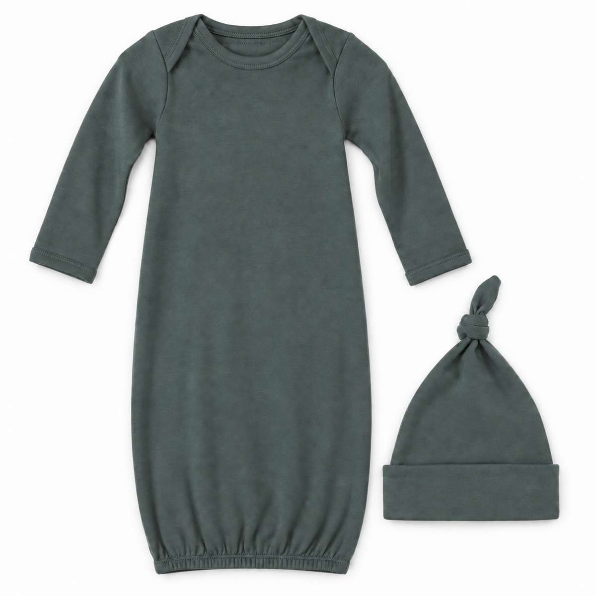 Modern Burlap organic knot hat and gown set in Wrought Iron, full front studio view