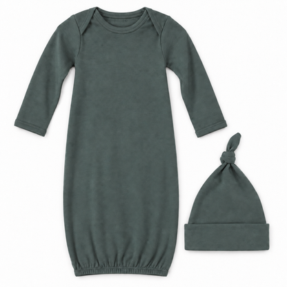 Modern Burlap organic knot hat and gown set in Wrought Iron, full front studio view