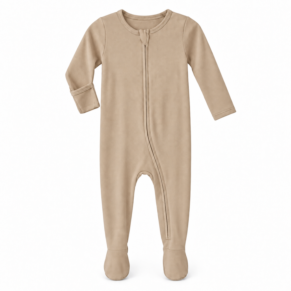 Hazelnut organic zip footie on white, with one sleeve turned to show the underside fold-over hand cover.