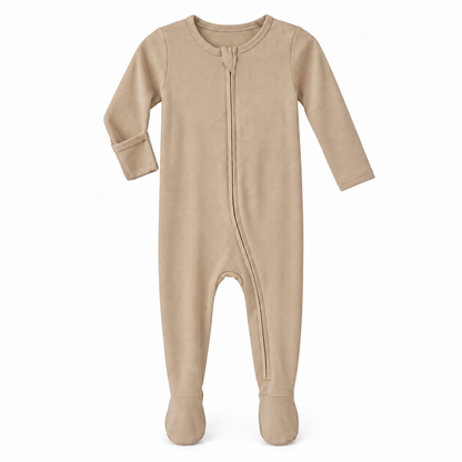 Hazelnut organic zip footie on white, with one sleeve turned to show the underside fold-over hand cover.
