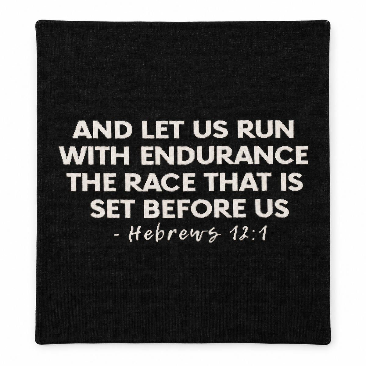Hebrews 12:1 knit blanket in Black, full design on white.