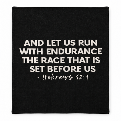 Hebrews 12:1 knit blanket in Black, full design on white.