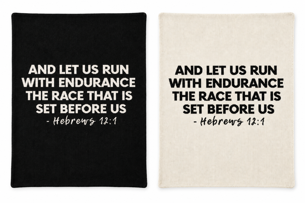 Hebrews 12:1 knit blankets in Black and Natural, shown together on white.