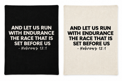 Hebrews 12:1 knit blankets in Black and Natural, shown together on white.