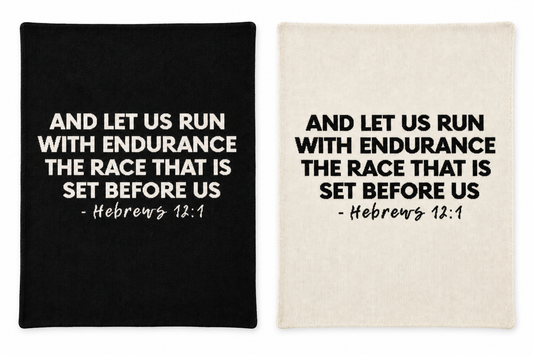 Hebrews 12:1 knit blankets in Black and Natural, shown together on white.