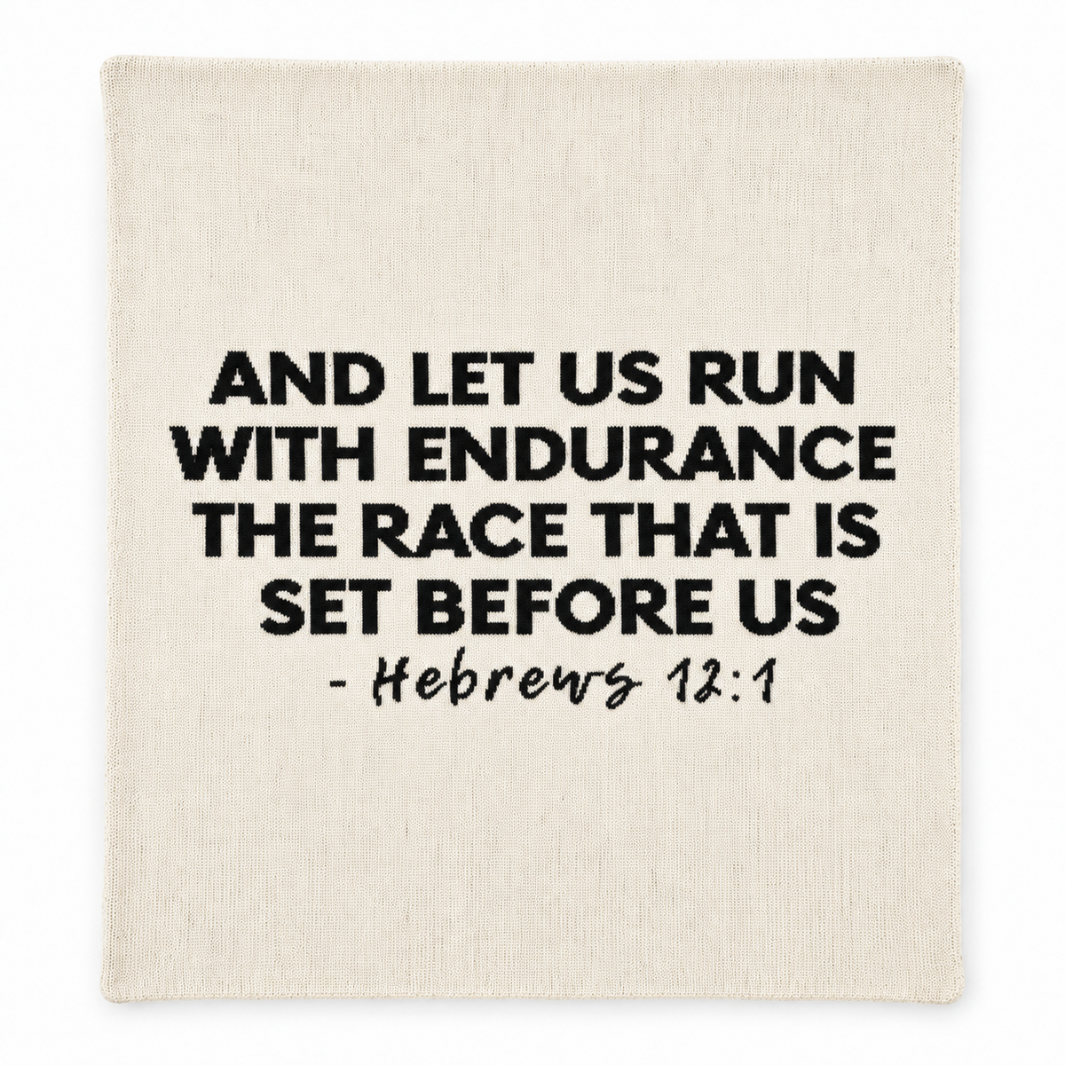 Hebrews 12:1 knit blanket in Natural, full design on white.