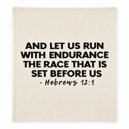 Hebrews 12:1 knit blanket in Natural, full design on white.