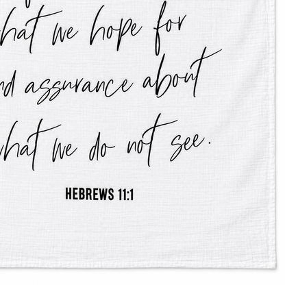 Hebrews 11:1 Scripture swaddle detail showing the printed lettering and hem.