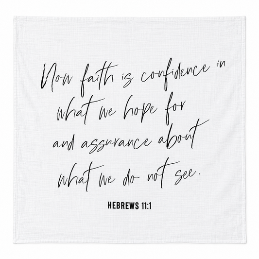 Hebrews 11:1 Scripture Swaddle + Wall Art shown fully open and flat on a white background.