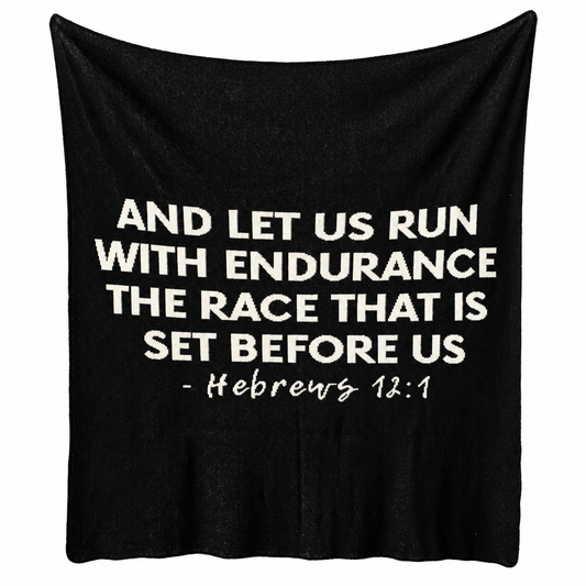 Hebrews 12:1 Recycled Cotton Throw Blanket — Black, showing the knitted design.