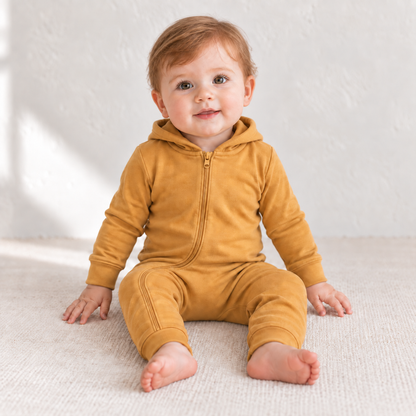 Baby wearing Honey organic zip coverall with the hood down
