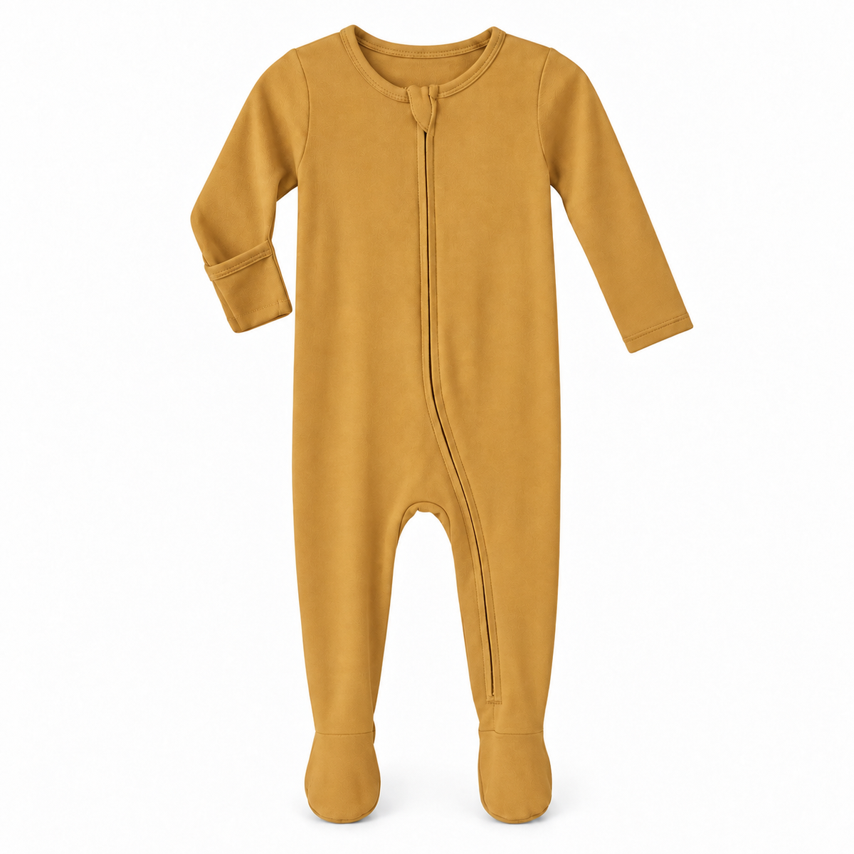 Honey organic zip footie on white, showing the underside fold-over hand cover.