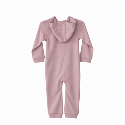 Mauve organic hoodie zip coverall, full back view