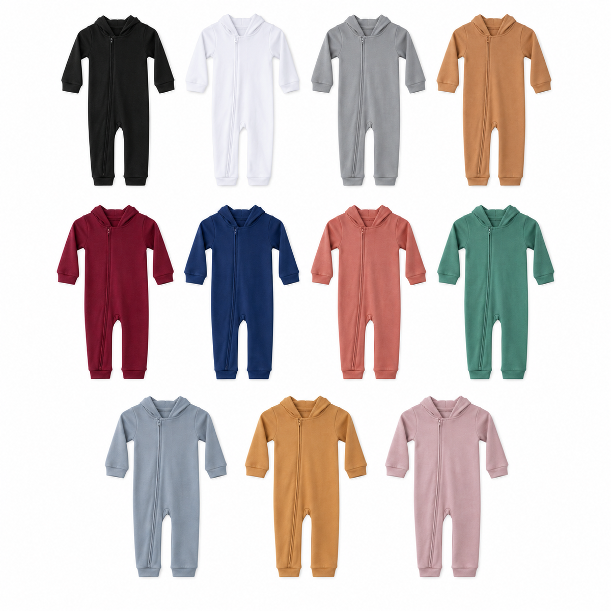 All eleven solid colors of organic hooded zip coveralls arranged at equal scale on white.