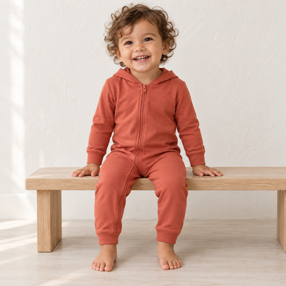Child wearing the Modern Burlap organic hoodie zip coverall in Aragon