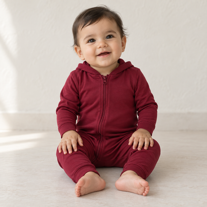Child wearing the Modern Burlap organic hoodie zip coverall in Maroon