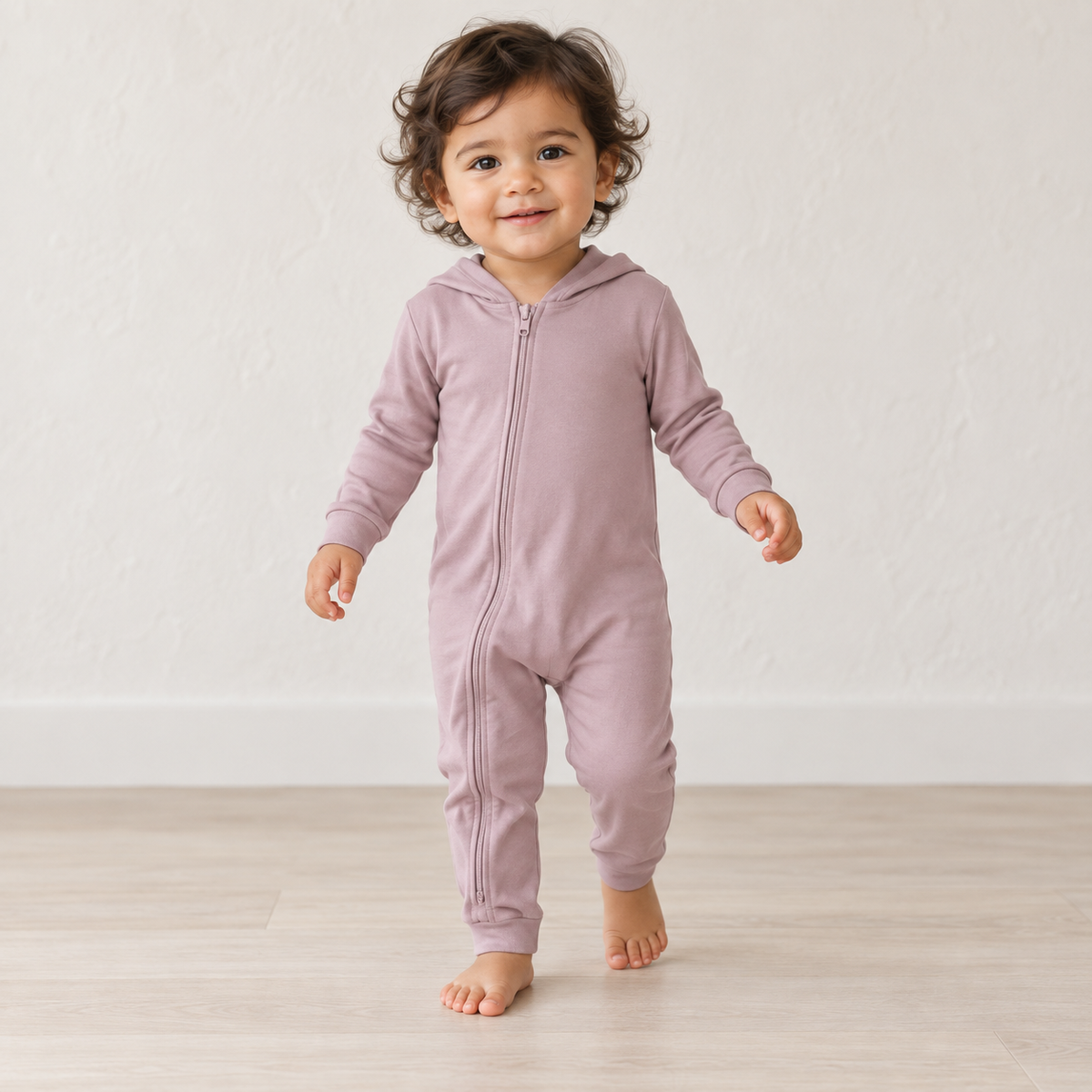Child wearing the Modern Burlap organic hoodie zip coverall in Mauve