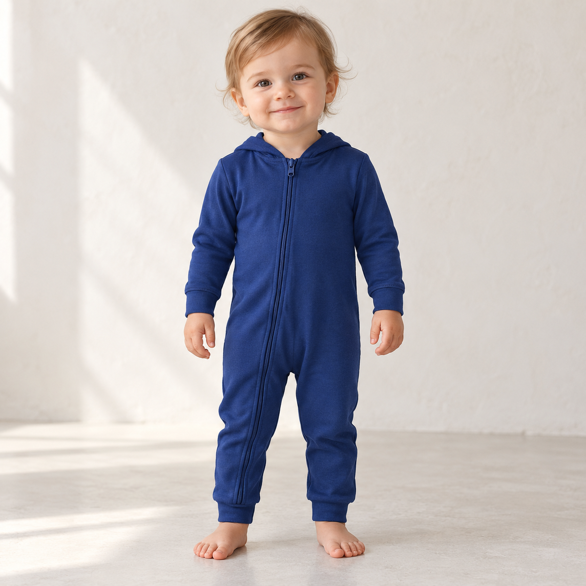 Child wearing the Modern Burlap organic hoodie zip coverall in Navy Peony