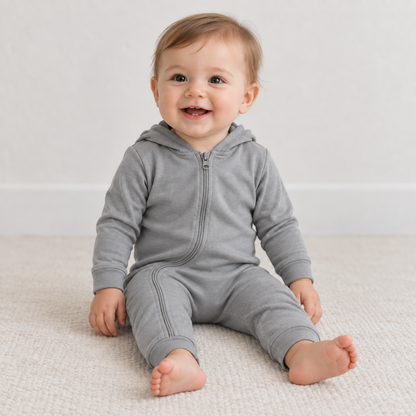Child wearing the Modern Burlap organic hoodie zip coverall in Neutral Gray